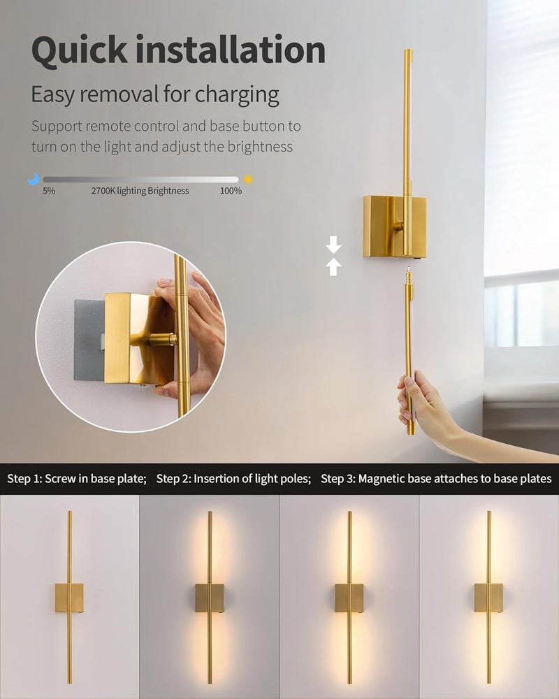 KDG Cordless Wall Sconces with Remote Control, Wireless 5200mAh Rechargeable Battery Operated LED Wall Lamps, 360° Rotate Lightings for Wall Painting, Bedroom, Hallway, Night Light 23.6 inch (Gold) - Image 3
